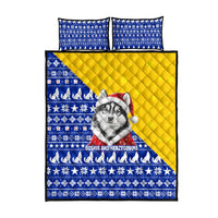 Bosnia and Herzegovina Christmas Quilt Bed Set with Husky Dog Santa Hat and Blue Yellow Snowflake Pattern - Wonder Print Shop