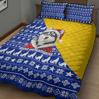 Bosnia and Herzegovina Christmas Quilt Bed Set with Husky Dog Santa Hat and Blue Yellow Snowflake Pattern - Wonder Print Shop
