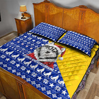 Bosnia and Herzegovina Christmas Quilt Bed Set with Husky Dog Santa Hat and Blue Yellow Snowflake Pattern - Wonder Print Shop
