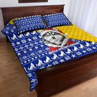 Bosnia and Herzegovina Christmas Quilt Bed Set with Husky Dog Santa Hat and Blue Yellow Snowflake Pattern - Wonder Print Shop