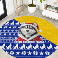 Bosnia and Herzegovina Christmas Round Carpet with Husky Dog Santa Hat and Blue Yellow Snowflake Pattern - Wonder Print Shop