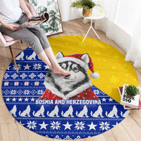Bosnia and Herzegovina Christmas Round Carpet with Husky Dog Santa Hat and Blue Yellow Snowflake Pattern - Wonder Print Shop