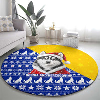 Bosnia and Herzegovina Christmas Round Carpet with Husky Dog Santa Hat and Blue Yellow Snowflake Pattern - Wonder Print Shop