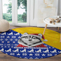 Bosnia and Herzegovina Christmas Round Carpet with Husky Dog Santa Hat and Blue Yellow Snowflake Pattern - Wonder Print Shop
