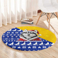 Bosnia and Herzegovina Christmas Round Carpet with Husky Dog Santa Hat and Blue Yellow Snowflake Pattern - Wonder Print Shop