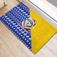 Bosnia and Herzegovina Christmas Rubber Doormat with Husky Dog Santa Hat and Blue Yellow Snowflake Pattern - Wonder Print Shop