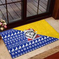 Bosnia and Herzegovina Christmas Rubber Doormat with Husky Dog Santa Hat and Blue Yellow Snowflake Pattern - Wonder Print Shop