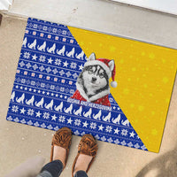 Bosnia and Herzegovina Christmas Rubber Doormat with Husky Dog Santa Hat and Blue Yellow Snowflake Pattern - Wonder Print Shop