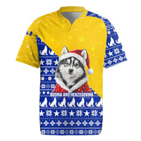 Bosnia and Herzegovina Christmas Rugby Jersey with Husky Dog Santa Hat and Blue Yellow Snowflake Pattern - Wonder Print Shop