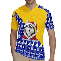 Bosnia and Herzegovina Christmas Rugby Jersey with Husky Dog Santa Hat and Blue Yellow Snowflake Pattern - Wonder Print Shop