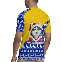Bosnia and Herzegovina Christmas Rugby Jersey with Husky Dog Santa Hat and Blue Yellow Snowflake Pattern - Wonder Print Shop