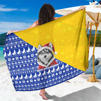 Bosnia and Herzegovina Christmas Sarong with Husky Dog Santa Hat and Blue Yellow Snowflake Pattern - Wonder Print Shop
