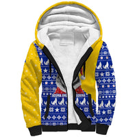 Bosnia and Herzegovina Christmas Sherpa Hoodie with Husky Dog Santa Hat and Blue Yellow Snowflake Pattern - Wonder Print Shop