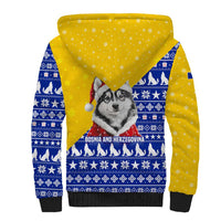 Bosnia and Herzegovina Christmas Sherpa Hoodie with Husky Dog Santa Hat and Blue Yellow Snowflake Pattern - Wonder Print Shop
