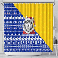 Bosnia and Herzegovina Christmas Shower Curtain with Husky Dog Santa Hat and Blue Yellow Snowflake Pattern - Wonder Print Shop