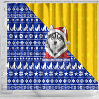 Bosnia and Herzegovina Christmas Shower Curtain with Husky Dog Santa Hat and Blue Yellow Snowflake Pattern - Wonder Print Shop