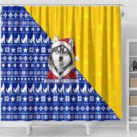 Bosnia and Herzegovina Christmas Shower Curtain with Husky Dog Santa Hat and Blue Yellow Snowflake Pattern - Wonder Print Shop