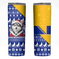 Bosnia and Herzegovina Christmas Skinny Tumbler with Husky Dog Santa Hat and Blue Yellow Snowflake Pattern - Wonder Print Shop