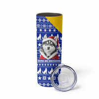 Bosnia and Herzegovina Christmas Skinny Tumbler with Husky Dog Santa Hat and Blue Yellow Snowflake Pattern - Wonder Print Shop