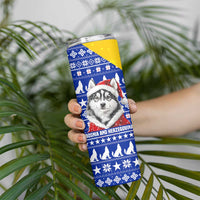 Bosnia and Herzegovina Christmas Skinny Tumbler with Husky Dog Santa Hat and Blue Yellow Snowflake Pattern - Wonder Print Shop