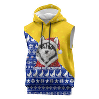 Bosnia and Herzegovina Christmas Sleeveless Hoodie with Husky Dog Santa Hat and Blue Yellow Snowflake Pattern - Wonder Print Shop