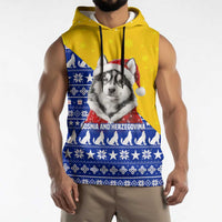 Bosnia and Herzegovina Christmas Sleeveless Hoodie with Husky Dog Santa Hat and Blue Yellow Snowflake Pattern - Wonder Print Shop