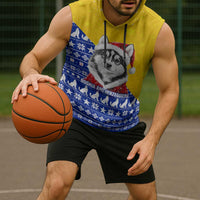 Bosnia and Herzegovina Christmas Sleeveless Hoodie with Husky Dog Santa Hat and Blue Yellow Snowflake Pattern - Wonder Print Shop