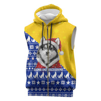 Bosnia and Herzegovina Christmas Sleeveless Zip Hoodie with Husky Dog Santa Hat and Blue Yellow Snowflake Pattern - Wonder Print Shop