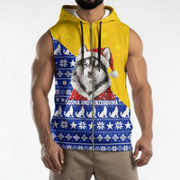 Bosnia and Herzegovina Christmas Sleeveless Zip Hoodie with Husky Dog Santa Hat and Blue Yellow Snowflake Pattern - Wonder Print Shop
