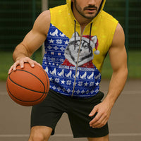 Bosnia and Herzegovina Christmas Sleeveless Zip Hoodie with Husky Dog Santa Hat and Blue Yellow Snowflake Pattern - Wonder Print Shop