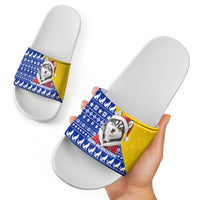 Bosnia and Herzegovina Christmas Slide Sandals with Husky Dog Santa Hat and Blue Yellow Snowflake Pattern - Wonder Print Shop