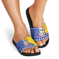 Bosnia and Herzegovina Christmas Slide Sandals with Husky Dog Santa Hat and Blue Yellow Snowflake Pattern - Wonder Print Shop