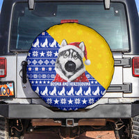 Bosnia and Herzegovina Christmas Spare Tire Cover with Husky Dog Santa Hat and Blue Yellow Snowflake Pattern - Wonder Print Shop