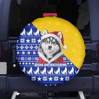 Bosnia and Herzegovina Christmas Spare Tire Cover with Husky Dog Santa Hat and Blue Yellow Snowflake Pattern - Wonder Print Shop
