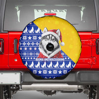 Bosnia and Herzegovina Christmas Spare Tire Cover with Husky Dog Santa Hat and Blue Yellow Snowflake Pattern - Wonder Print Shop