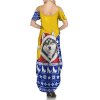 Bosnia and Herzegovina Christmas Summer Maxi Dress with Husky Dog Santa Hat and Blue Yellow Snowflake Pattern - Wonder Print Shop