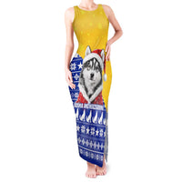Bosnia and Herzegovina Christmas Tank Maxi Dress with Husky Dog Santa Hat and Blue Yellow Snowflake Pattern - Wonder Print Shop