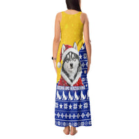 Bosnia and Herzegovina Christmas Tank Maxi Dress with Husky Dog Santa Hat and Blue Yellow Snowflake Pattern - Wonder Print Shop