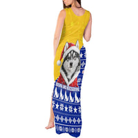 Bosnia and Herzegovina Christmas Tank Maxi Dress with Husky Dog Santa Hat and Blue Yellow Snowflake Pattern - Wonder Print Shop