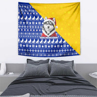 Bosnia and Herzegovina Christmas Tapestry with Husky Dog Santa Hat and Blue Yellow Snowflake Pattern - Wonder Print Shop