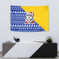 Bosnia and Herzegovina Christmas Tapestry with Husky Dog Santa Hat and Blue Yellow Snowflake Pattern - Wonder Print Shop