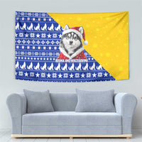Bosnia and Herzegovina Christmas Tapestry with Husky Dog Santa Hat and Blue Yellow Snowflake Pattern - Wonder Print Shop