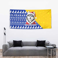 Bosnia and Herzegovina Christmas Tapestry with Husky Dog Santa Hat and Blue Yellow Snowflake Pattern - Wonder Print Shop