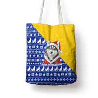 Bosnia and Herzegovina Christmas Tote Bag with Husky Dog Santa Hat and Blue Yellow Snowflake Pattern - Wonder Print Shop