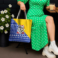 Bosnia and Herzegovina Christmas Tote Bag with Husky Dog Santa Hat and Blue Yellow Snowflake Pattern - Wonder Print Shop