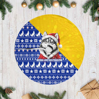 Bosnia and Herzegovina Christmas Tree Skirt with Husky Dog Santa Hat and Blue Yellow Snowflake Pattern - Wonder Print Shop