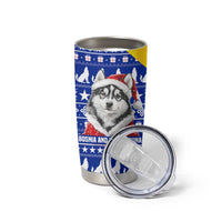 Bosnia and Herzegovina Christmas Tumbler Cup with Husky Dog Santa Hat and Blue Yellow Snowflake Pattern - Wonder Print Shop