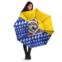 Bosnia and Herzegovina Christmas Umbrella with Husky Dog Santa Hat and Blue Yellow Snowflake Pattern - Wonder Print Shop
