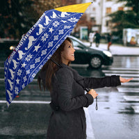 Bosnia and Herzegovina Christmas Umbrella with Husky Dog Santa Hat and Blue Yellow Snowflake Pattern - Wonder Print Shop