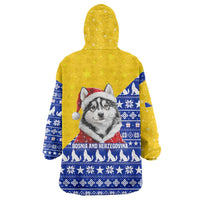 Bosnia and Herzegovina Christmas Wearable Blanket Hoodie with Husky Dog Santa Hat and Blue Yellow Snowflake Pattern - Wonder Print Shop